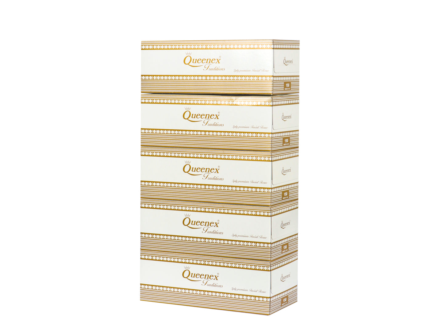 Queenex Ultra Soft Facial Tissues, 150 Tissues per Box, 3-Ply (5-Pack)